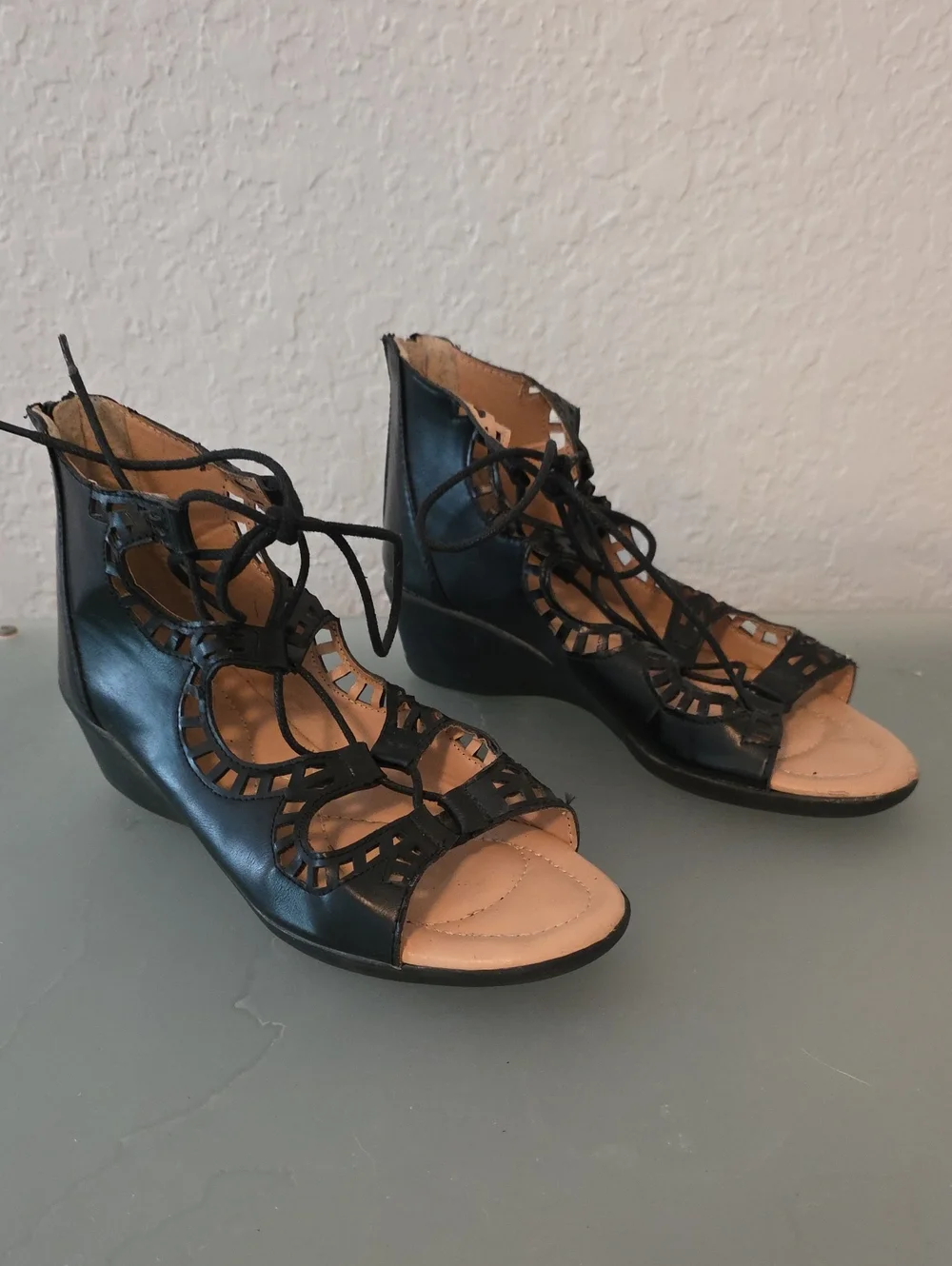 Bolaro Black Lace-Up Cutout Wedge Sandals Size 7.5